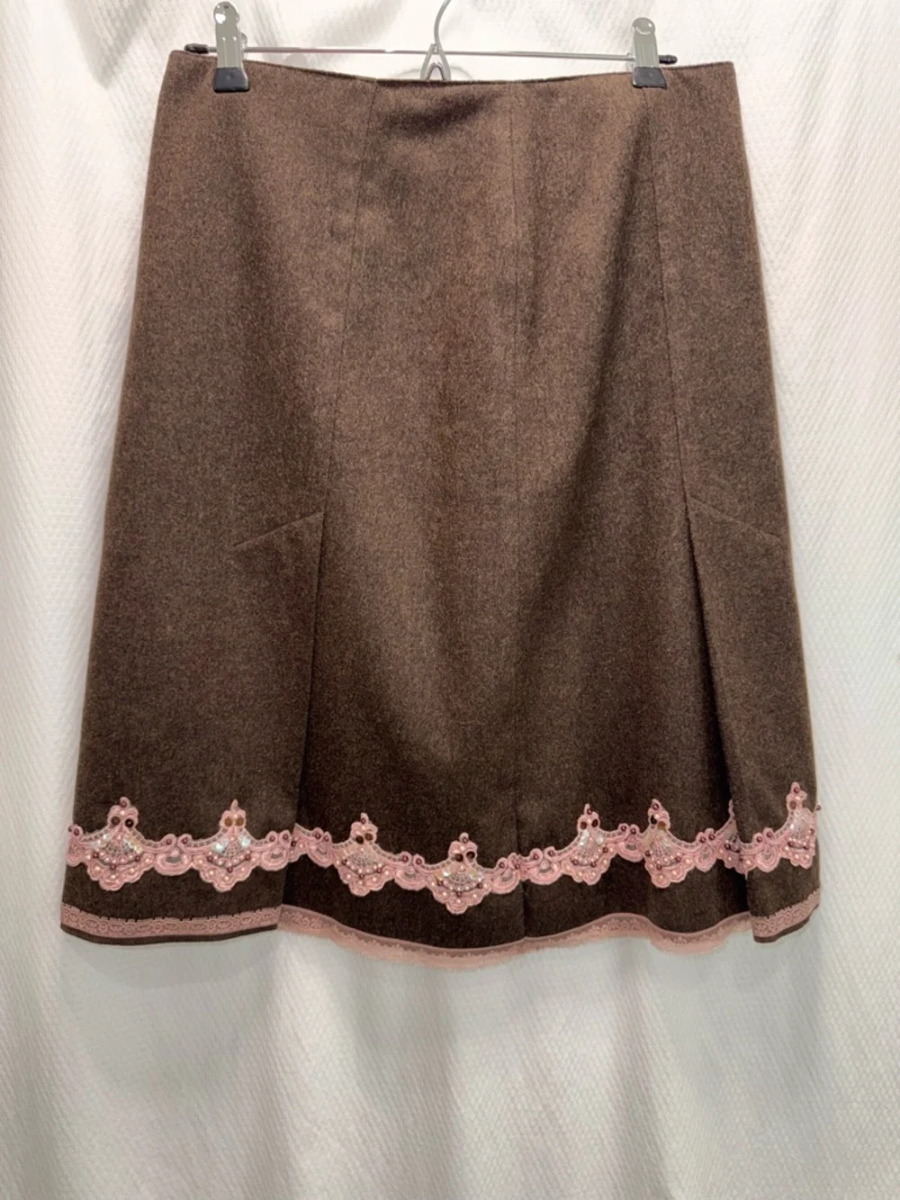 Express Brown A-Line KneeY2K Cottagecore Wool Blend Pink Sequin Lace Hem Skirt 6